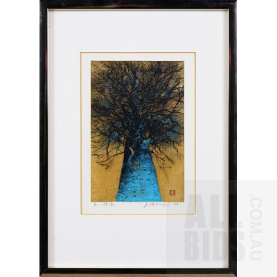 Joichi Hoshi (1913-1979, Japanese), High Treetops (Blue) 1976, Woodblock, 18 x 12 cm (image size)