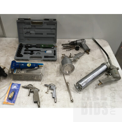 Assorted Lot Of Pneumatic Tools, Including Impact Wrenches, Multi-Tool, Sander, Grease Gun And Chisel