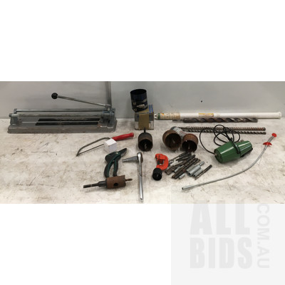 Large Masonry Bits, Saw, Core Bits, Holesaws, Tile Cutter And Other Assorted Tools