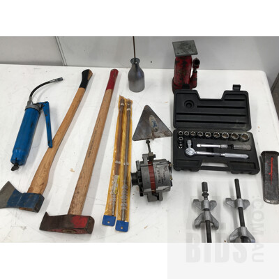 Lot Of Assorted Tools, Including Axe, Block Splitter And Wedge
