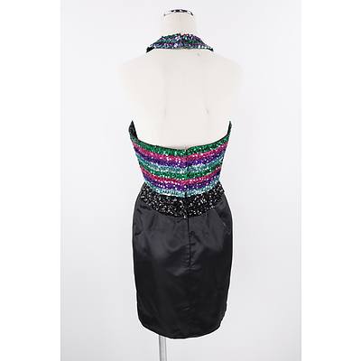 1980s Sequinned Halter Neck Party Dress with Boning to Bodice