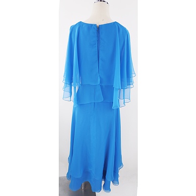 1970s Blue Poly Chiffon with Double Layered Cape Bodice and Matching Belt