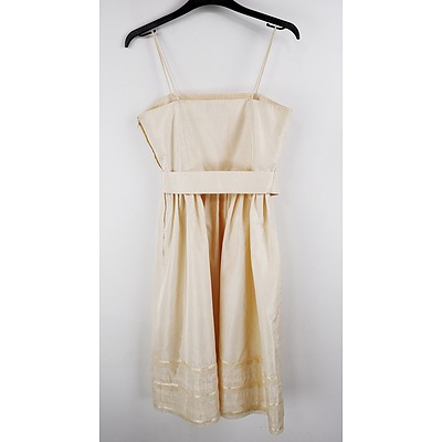 Vintage Ivory Slubbed Silk Kay Goulden Dress with Detailed Bodice and Matching Belt Circa 1980s