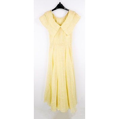 Vintage Butter yellow Embossed print Bias Cut Organza Gown Double Pointed Collar and Full Separate Slip Circa 1940s