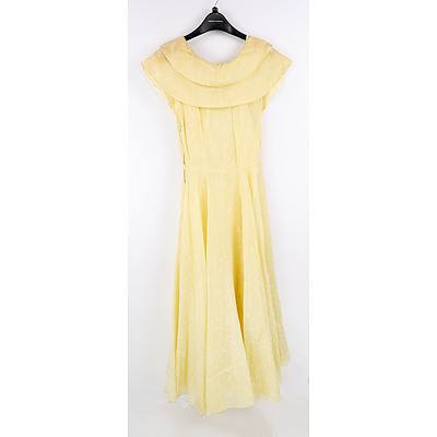Vintage Butter yellow Embossed print Bias Cut Organza Gown Double Pointed Collar and Full Separate Slip Circa 1940s