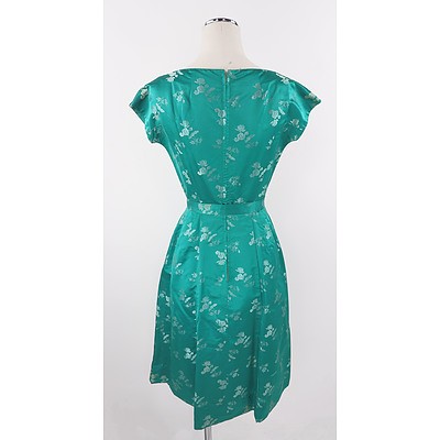 Vintage Green Silk Brocade Cocktail Dress by Dynasty of Hong Kong with Piped Princess Seams and Matching Belt Circa 1950s