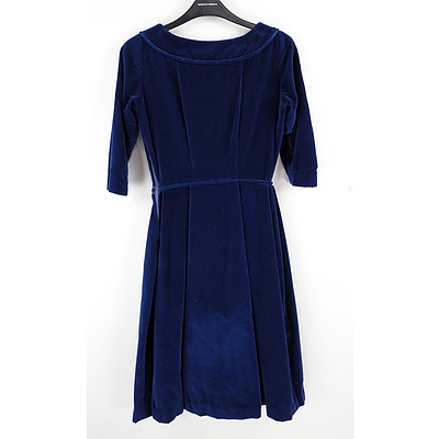 Mid Century Royal Blue Velvet Cocktail Dress with Stiffened Cross Over Skirt and Bow Feature