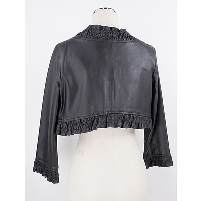 Vintage Siricco Black Leather Jacket in Bolero Style with Ruffled Edges