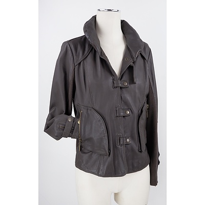 German Dark Brown Leather and Knit Fabric Jacket with Zip Pockets