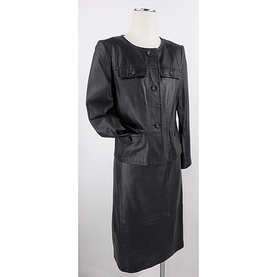 Talbots Two Piece Black Leather Set - Jacket and Straight Skirt
