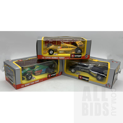 Three Boxed Burago 1:24 Diecast F1 Models (3)