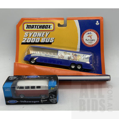 Matchbox Sydney 2000 Bus in Original pack and a Welly Volkswagon Bus (2)