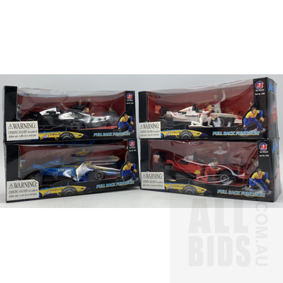Four Formula 1 YC 1:32 TH Scale Pull Back Go Action Team F1 Diecast Model Cars in Original Boxes