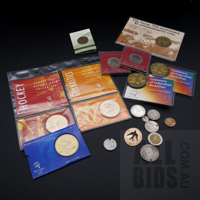 Collection of Australian Coins and Medallions Including: Sydney 2000 Olympic Coins, Captain James Cook Botany Bay 50c Pieces, Centenary of Federation Medallions, ANZAC 75th Anniversary Coin and More