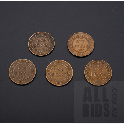 Five Australian Pennies 1911, 1917, 1917, 1919, 1927