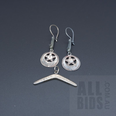 Pair of Sterling Silver Earrings and a Sterling Silver Boomerang