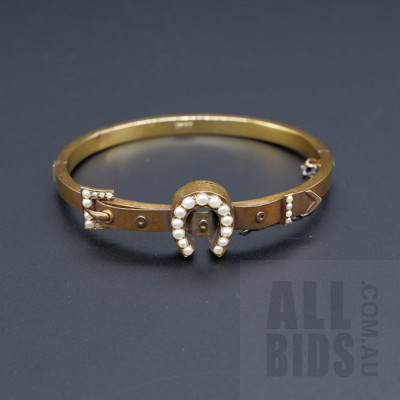 15ct Yellow Gold Hollow Hinge Bangle with Horse Shoe and Belt Buckle Set with Half Seed Pearls, 9.8g