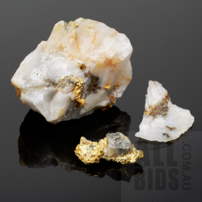 Gold Nugget with Quartz Inclusion, 1.2g and Another Quartz Rock with Small Gold Vein