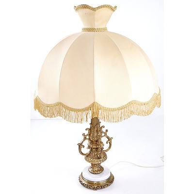 Vintage Italianate Cast Brass and Marble Table Lamp with Large Tassled Shade