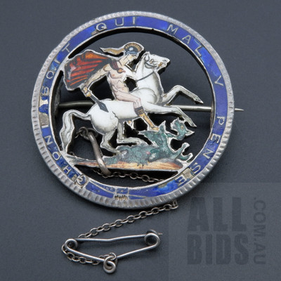 Sterling Silver and Enamel Brooch Depicting St George Slaying the Dragon