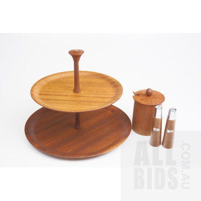 Mid Century Danish Teak Two Tiered Cake Server, Salt and Pepper Shakers and Lidded Pot