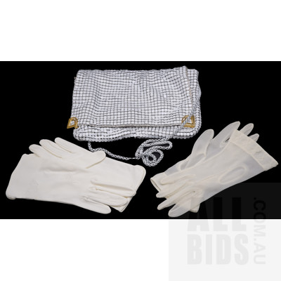 Vintage White Mesh Shoulder Bag with Chain Strap in Box and Two Pairs of White Gloves (One Sheer with Lace)