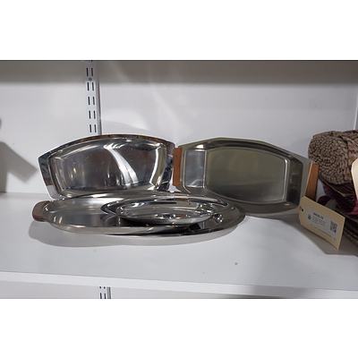 Five Various Vintage and Retro Stainless Steel Serving Platters - Two with Wooden handles