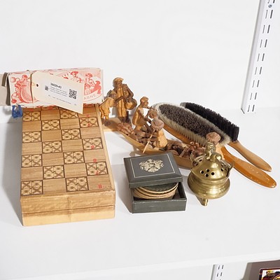 Vintage Chess Set, Carved Wooden Pieces, Clothes Brushes and Swedish Coasters