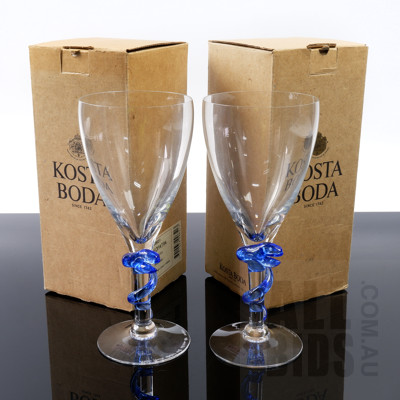 Pair of Kosta Boda Cleopatra Blue Snake Wine Glasses Designed by Ulrica H Vallen in Original Boxes (2)
