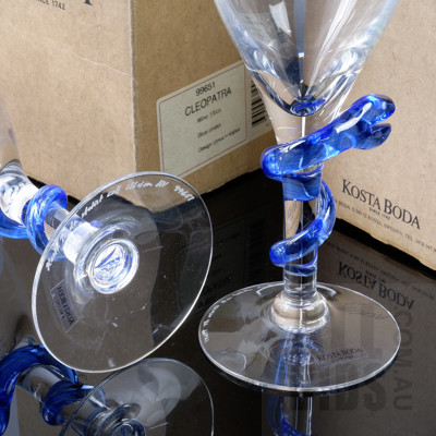 Pair of Kosta Boda Cleopatra Blue Snake Wine Glasses Designed by Ulrica H Vallen in Original Boxes (2)