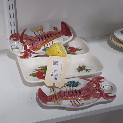 Vintage Cherry Cherry Japan Nibbles Dish with Toothpick Holder and Two Hand Painted Japanese Ironstone Lobster Plates