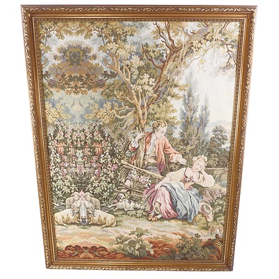Large European Style Longstitch Tapestry of a Courting Couple in Antique Style Guilt Frame