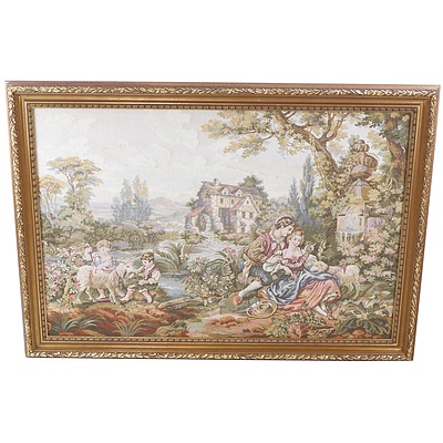 European Style Longstitch Tapestry of a Family by the River in Antique Style Guilt Frame