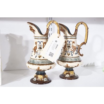 Pair of Vintage Continental Porcelain Handled Ewers with Classical Grecian Motifs - Marked to Base (2)