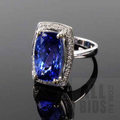 18ct White Gold Ring with Long Cushion Cut Tanzanite Surrounded by Thirty Six RBC Diamonds, 6g