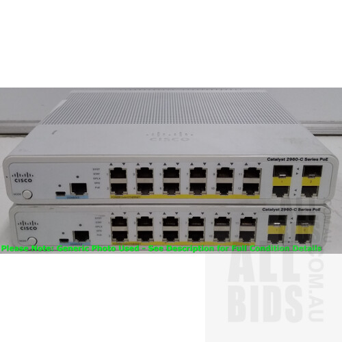 Cisco (WS-C2960C-12PC-L V01) Catalyst 2960-C Series PoE 12 Port Managed Fast Ethernet Switch - Lot of Two