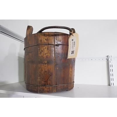 Large Vintage Wooden Bucket with Metal Bindings and Wrought Iron Handle