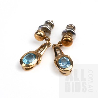 9ct Yellow Gold Drop Earrings with Pale Blue Topaz and CZ, 2.1g