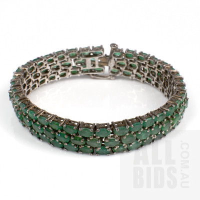 Sterling Silver Three Row Bracelet with Oval Faceted Emerald, 29.2g