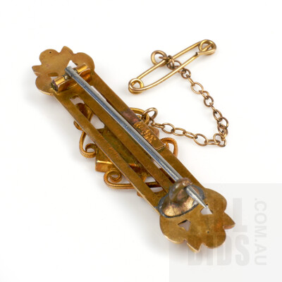 Antique 9ct Yellow Gold Bar Brooch with Garnet Topped Doublet and Half Seed Pearls, 4.5g