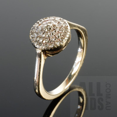 9ct Yellow Gold Round Cluster Ring with Four Rows of Single Cut Diamonds, 3.5g
