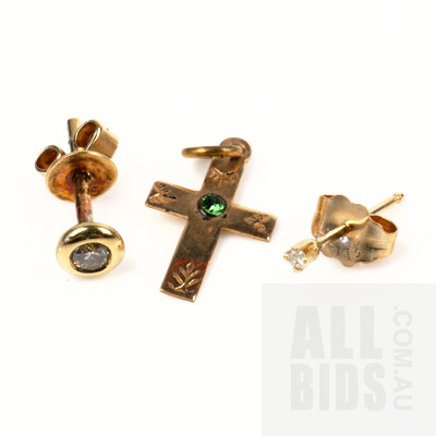 9ct Yellow Gold Cross Pendant and Two 9ct Yellow Gold and Diamond Earrings