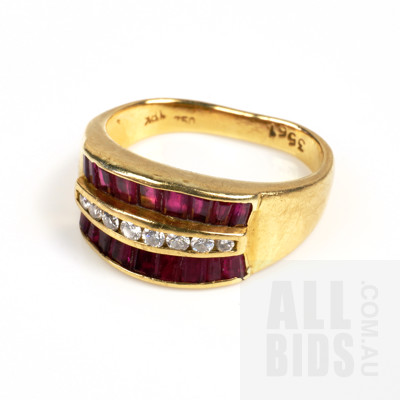 18ct Yellow Gold Ring with Twenty Tapered Baguette Rubies and Eight RBC Diamonds, 5.9g