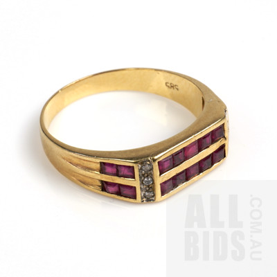 14ct Yellow Gold Ring with 14 Carre Cut Rubies and 6 RBC Diamonds, 3g
