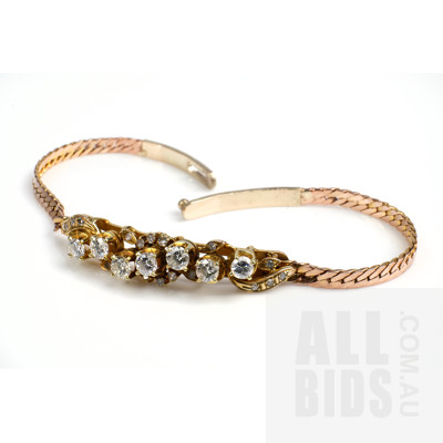 18ct Yellow Gold Bar Attached to 9ct Yellow Gold Bracelet with Seven RBC Diamonds and Eighteen Single Cut Diamonds, 9.1g