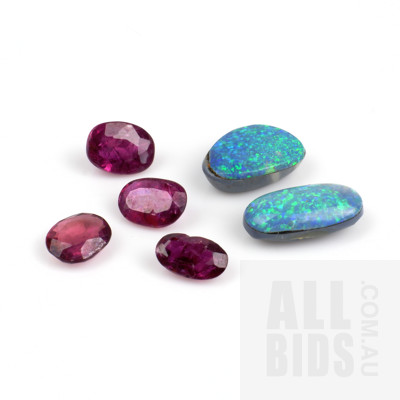 Two Opal Doublets and Four Oval Faceted Rubies