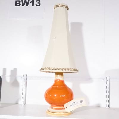 Retro Pottery Orange Glazed Pottery Lamp with Cream Drip Glaze and Tall Conical Period Shade Circa 1970s