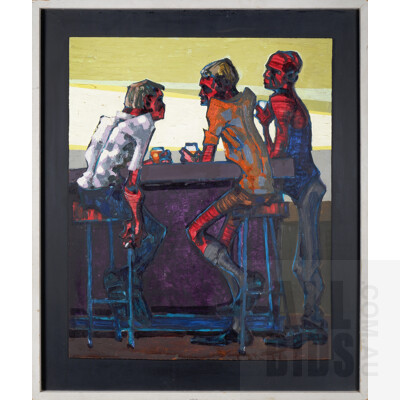 Kizwoski (20th Century, Australian), Untitled (Figures at the Bar) c1972, Oil on Board, 92 x 75 cm