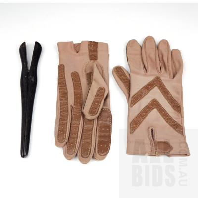Vintage Ladies Elastine and Leather Gloves with Ebony Glove Expander