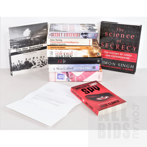 Quantity 10 Books Relating to Code Breaking and Spying Including Seven First Editions Including Copy of Hitler's Lost Spy, Female Spy in Australia, Letter Signed by Author and More